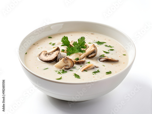 mushroom soup in white bowl isolated white background with clipping path, full hd 