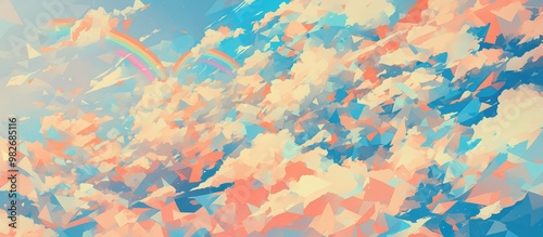 Abstract painting of a baby rainbow within a geometric pattern featuring Scandinavian style clouds suitable for birthday or baby shower invitations clothing posters and greeting cards