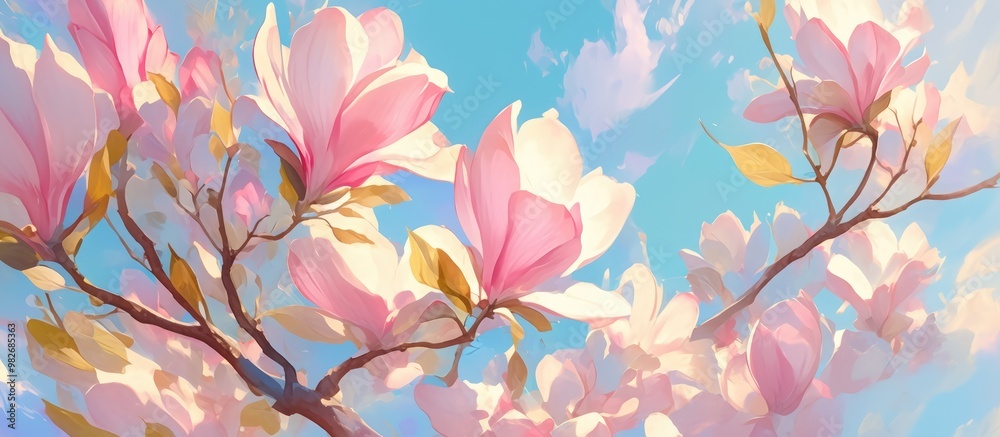 Painting of vibrant magnolia flowers creating a stunning background Painting of vibrant magnolia flowers creating a stunning background