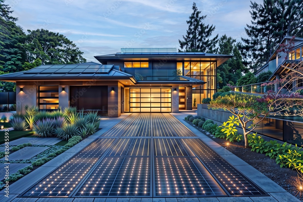 Solar-powered driveway. A modern luxury house with solar panels on the driveway and garage door, illuminated at night. Solar-powered driveway. A modern luxury house with solar panels on the driveway and garage door, illuminated at night.
