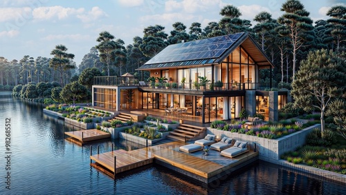 Eco-Friendly Living. A modern house with solar panels.