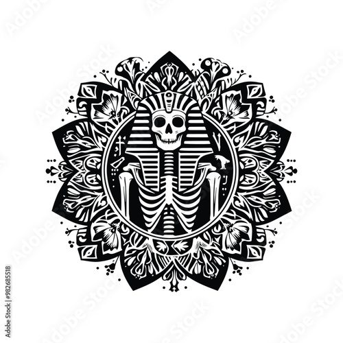 Pharaoh skeleton with folk art decoration in black and white illustrations, cutout graphic