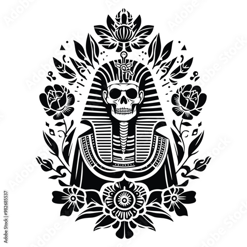 Pharaoh skeleton with folk art decoration in black and white illustrations, cutout graphic