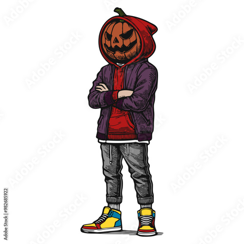 Colorful Hipster Jack-o'-Lantern in Hoodie Line Art - Halloween Character Vector Illustration with Urban Style, Streetwear Vibes, Dynamic Pose, Isolated on White Background, Vibrant and Modern Design	