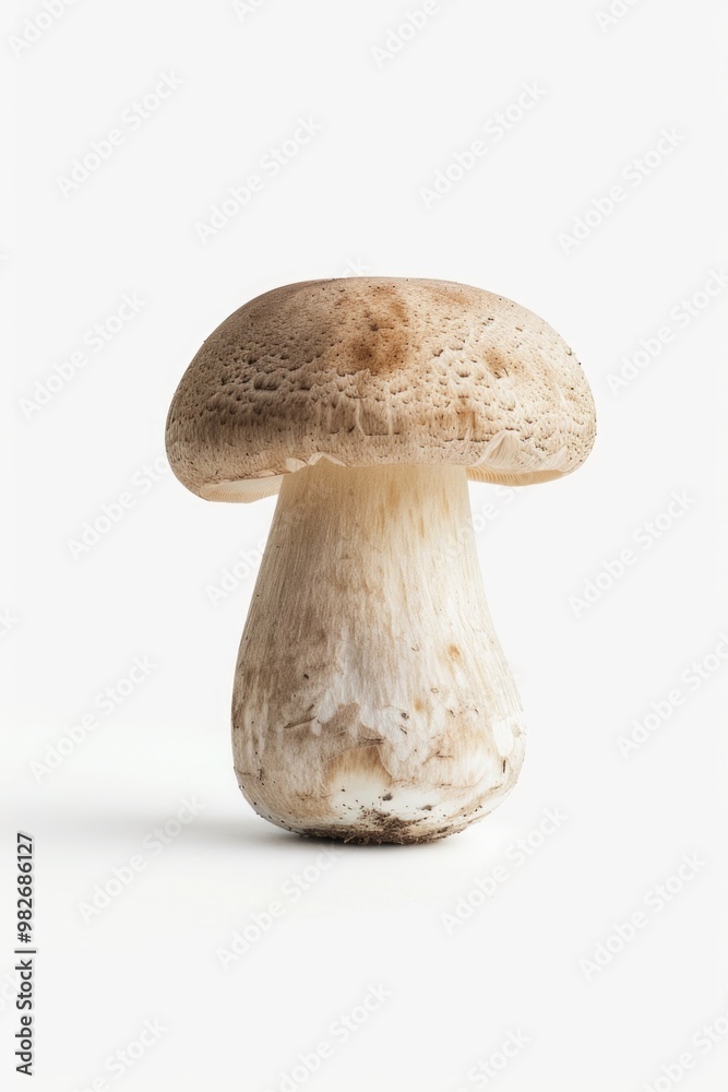 A single mushroom growing on a clean white surface A single mushroom growing on a clean white surface