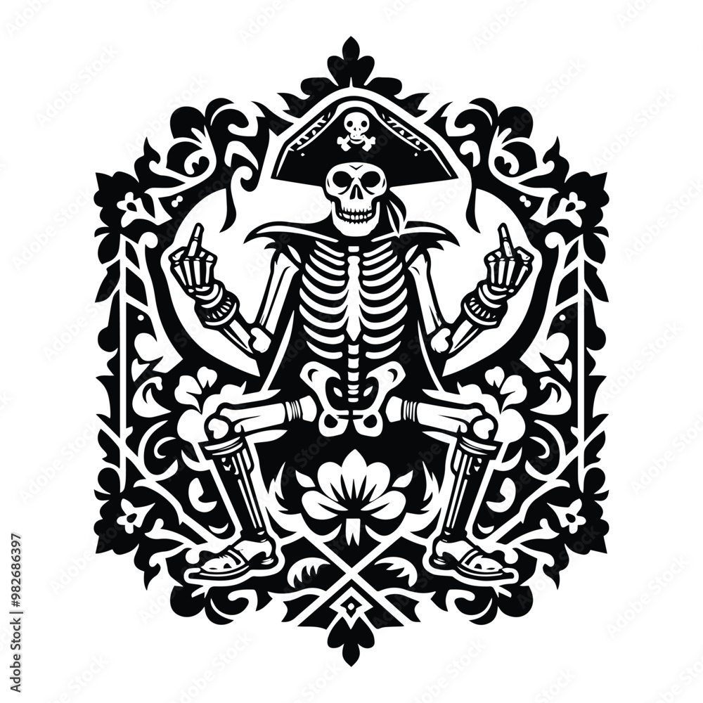 Obraz premium pirate skeleton with folk art decoration in black and white illustrations, cutout graphic