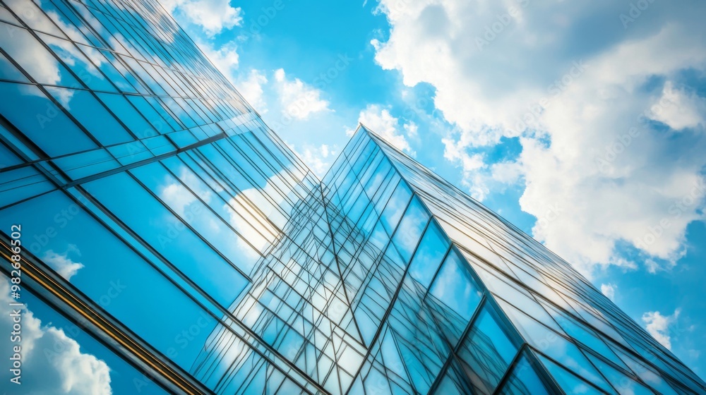A fragment of a modern office building in the capital .glass buildings with cloudy blue sky background .modern office building