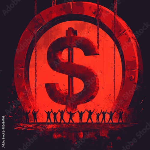 The All-Consuming Dollar: A fiery portal reveals a colossal dollar sign, worshipped by silhouetted figures in a chilling commentary on greed and societal obsession.  photo