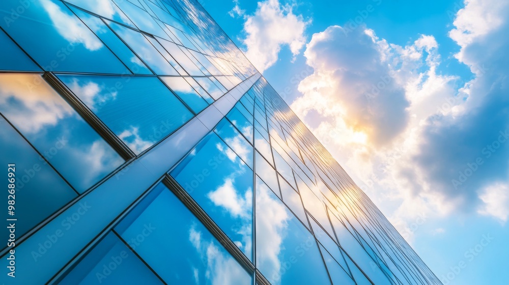 A fragment of a modern office building in the capital .glass buildings with cloudy blue sky background .modern office building