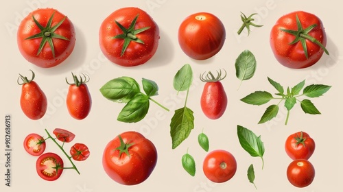 Fresh tomatoes with lush green leaves, perfect for cooking or photography