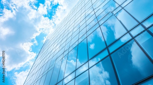 A fragment of a modern office building in the capital .glass buildings with cloudy blue sky background .modern office building