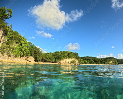 Fototapeta Naklejka Na Ścianę i Meble -  anse canot in evening light seen from the turquoise sea with copy space, caribbean beach in Saint Louis, Marie Galante, Guadeloupe