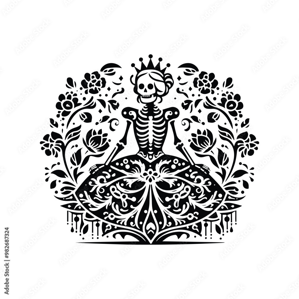 Fototapeta premium princess skeleton with folk art decoration in black and white illustrations, cutout graphic