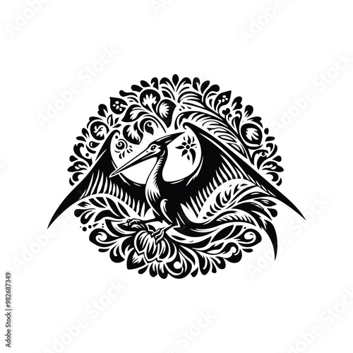 Pteranodon with folk art decoration in black and white illustrations, cutout graphic