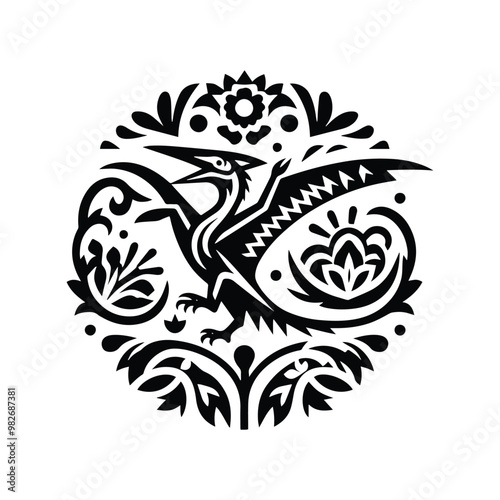 Pteranodon with folk art decoration in black and white illustrations, cutout graphic