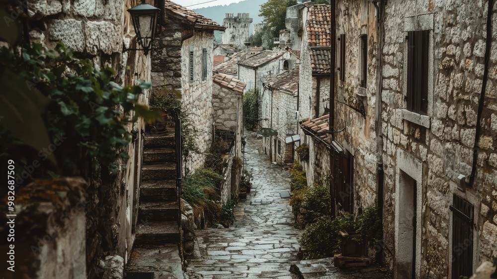 A charming stone street winds through a quaint village, showcasing rustic architecture and serene atmosphere. A charming stone street winds through a quaint village, showcasing rustic architecture and serene atmosphere.
