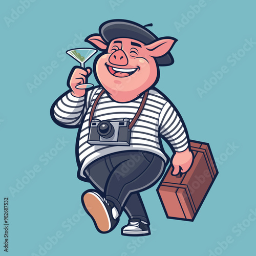 Pig on Vocation carrying a suitcase while enjoying a glas martini