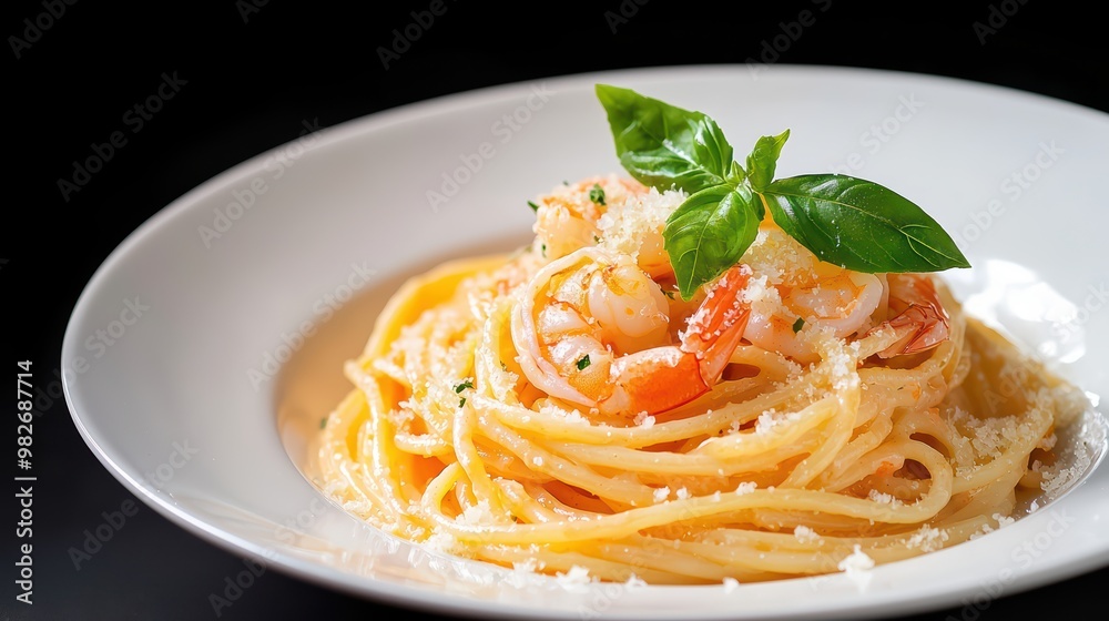 Delicious shrimp pasta dish garnished with fresh basil, served in a white bowl. Perfect for food lovers and culinary enthusiasts. Delicious shrimp pasta dish garnished with fresh basil, served in a white bowl. Perfect for food lovers and culinary enthusiasts.