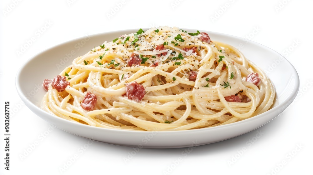 Delicious plate of spaghetti topped with savory bacon, creamy sauce, and fresh herbs. Perfect for Italian cuisine lovers. Delicious plate of spaghetti topped with savory bacon, creamy sauce, and fresh herbs. Perfect for Italian cuisine lovers.