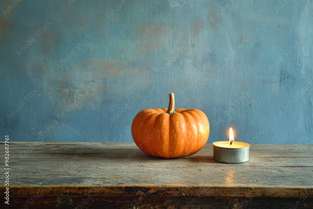 A warm pumpkin sits beside a candle on a rustic wooden table against a muted blue background, creating a cozy autumn ambiance. A warm pumpkin sits beside a candle on a rustic wooden table against a muted blue background, creating a cozy autumn ambiance.