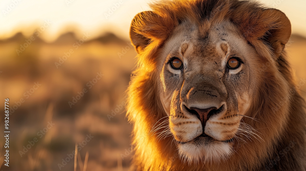Naklejka premium Close-up shot of a majestic lion with a golden mane, looking directly at the camera, captured during sunset with a blurred savannah background.