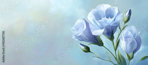 Painting of exquisite blue Eustoma russellianum Lisianthus with delicate flower buds set against a soft blue background featuring ample copy space for body care cosmetic products photo