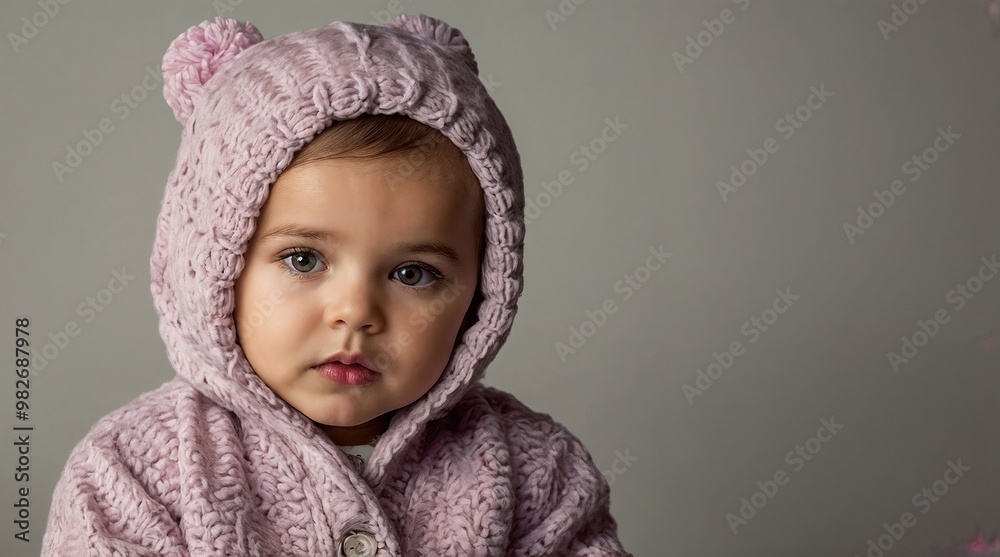 portrait of a girl with big eyes in a pink knitted suit with a hood on a neutral background portrait of a girl with big eyes in a pink knitted suit with a hood on a neutral background