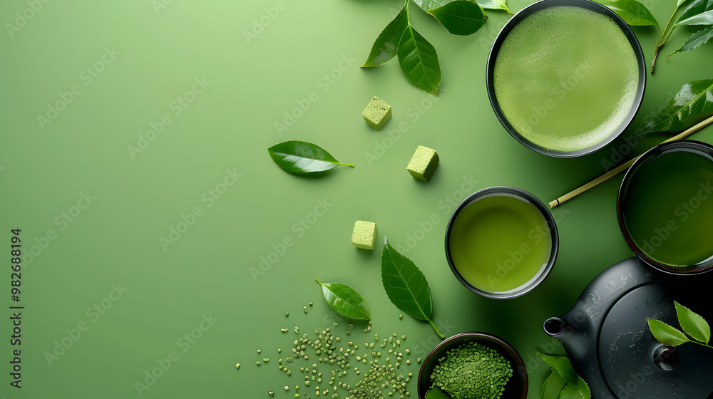 Matcha Tea with Green Leaves and Teapot on Green Background Matcha Tea with Green Leaves and Teapot on Green Background