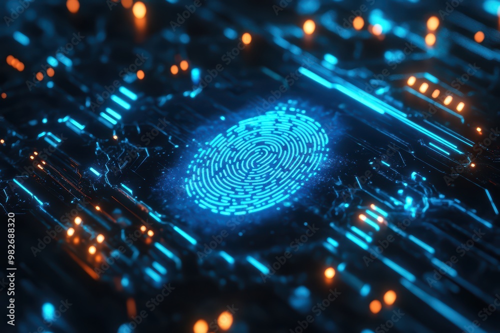 Digital fingerprint on a futuristic circuit board, symbolizing cybersecurity and advanced technology in the digital age. Digital fingerprint on a futuristic circuit board, symbolizing cybersecurity and advanced technology in the digital age.