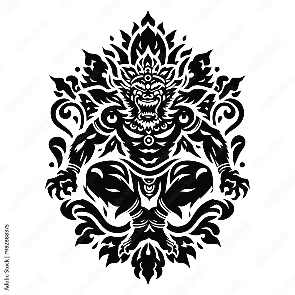 Rakshasa with folk art decoration in black and white illustrations, cutout graphic Rakshasa with folk art decoration in black and white illustrations, cutout graphic