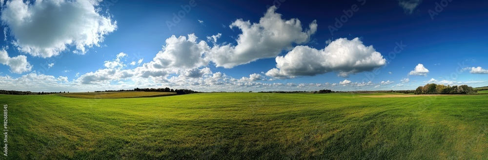 Serene Green Field with Blue Sky and Fluffy Clouds Serene Green Field with Blue Sky and Fluffy Clouds