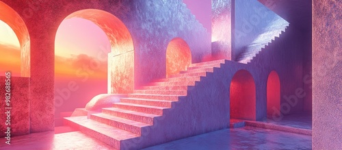 Stairs maze in an ethereal surreal setting featuring 3D illustration suitable for depicting backrooms lucid dreaming impossible architecture or liminal spaces