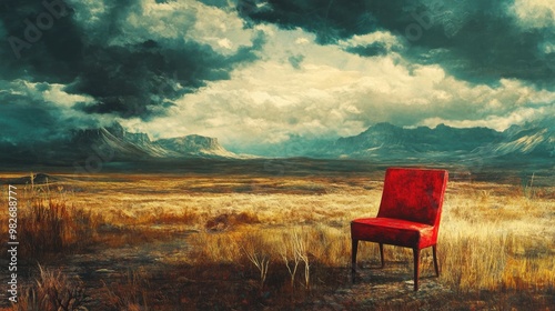 Red chair in a surreal landscape symbolizing solitude sadness depression and loneliness depicted through a painting illustration in conceptual art style
