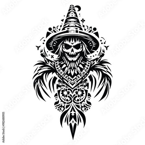 scarecrow with folk art decoration in black and white illustrations, cutout graphic