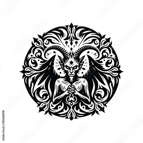 Satan with folk art decoration in black and white illustrations, cutout graphic