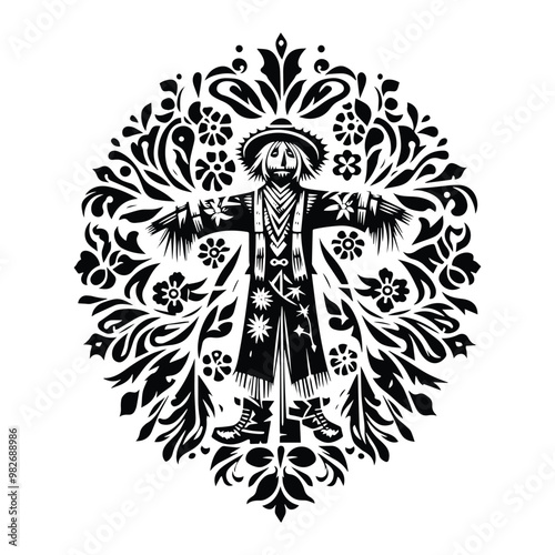 scarecrow with folk art decoration in black and white illustrations, cutout graphic