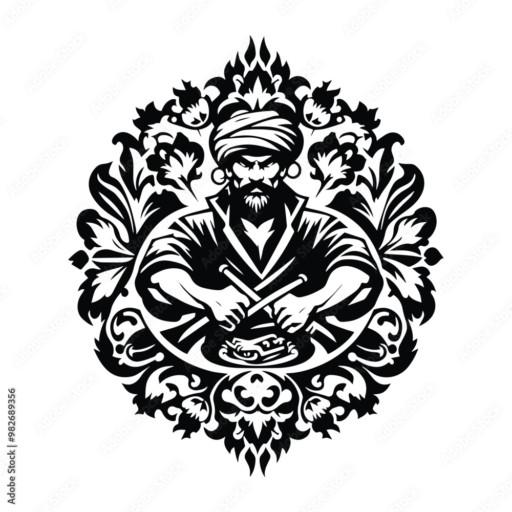 sinbad with folk art decoration in black and white illustrations, cutout graphic sinbad with folk art decoration in black and white illustrations, cutout graphic