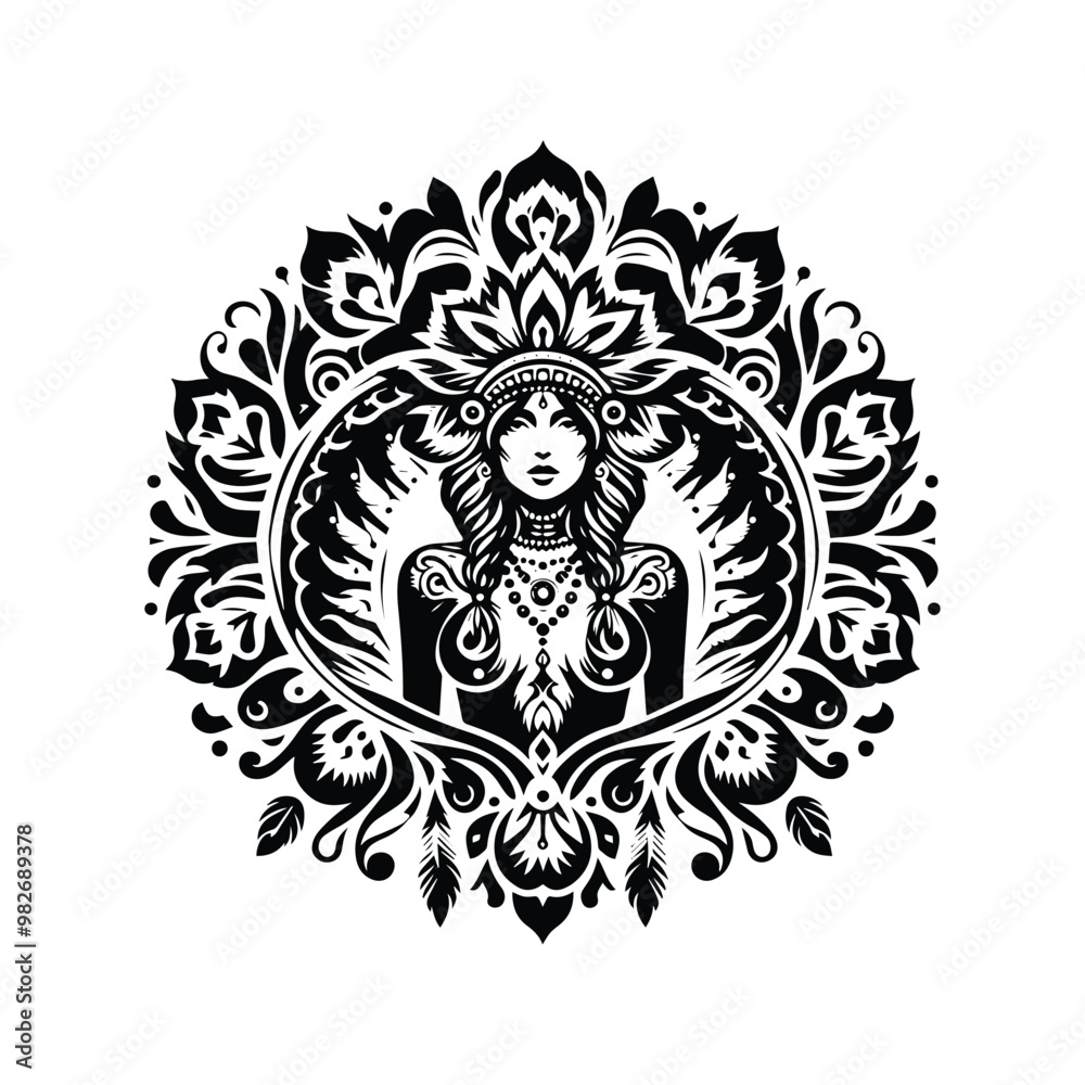 shaman female with folk art decoration in black and white illustrations, cutout graphic shaman female with folk art decoration in black and white illustrations, cutout graphic