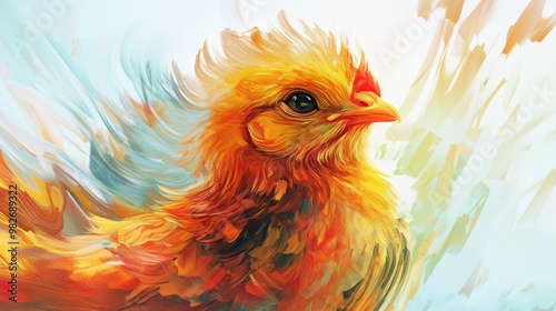 2d illustration of a chicken chick in an impressionist wavy style featuring a surrealistic representation of a bird s head photo