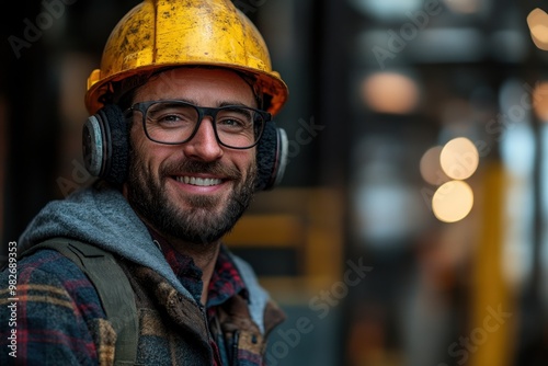 Construction worker with earmuffs and a yellow hard hat