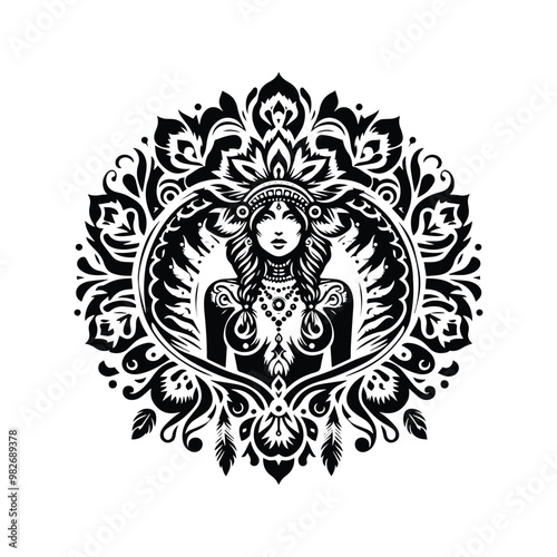 shaman female with folk art decoration in black and white illustrations, cutout graphic