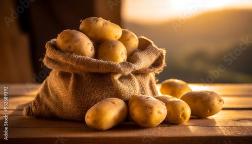 Fresh potatoes in a cloth sack sitting on a wooden table, showcasing a rustic, farm-to-table theme. The potatoes have a natural, earthy appearance with dirt still clinging to them photo