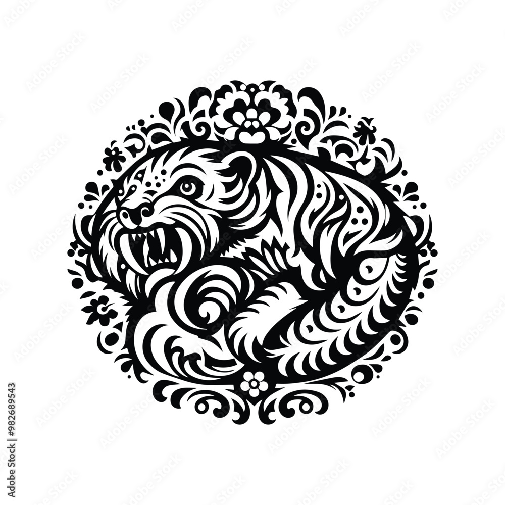 Smilodon with folk art decoration in black and white illustrations, cutout graphic Smilodon with folk art decoration in black and white illustrations, cutout graphic