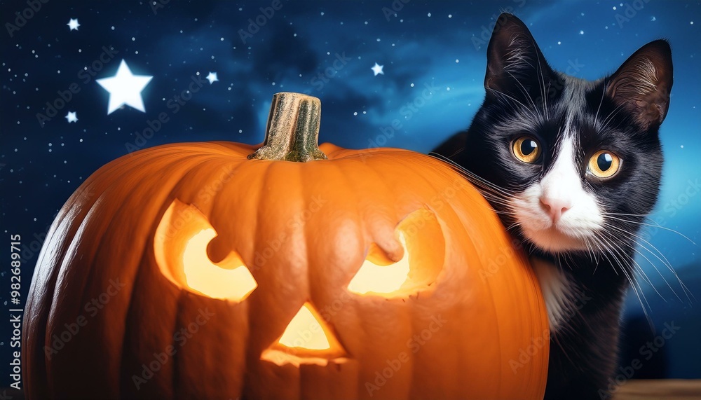 black cat peeking out from behind a large carved pumpkin, with the night sky in the background, soft glow from the pumpkin, strong and intriguing contrast, halloween season black cat peeking out from behind a large carved pumpkin, with the night sky in the background, soft glow from the pumpkin, strong and intriguing contrast, halloween season