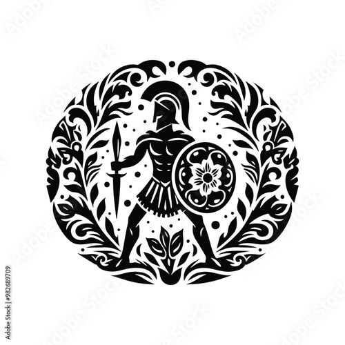 sparta male with folk art decoration in black and white illustrations, cutout graphic