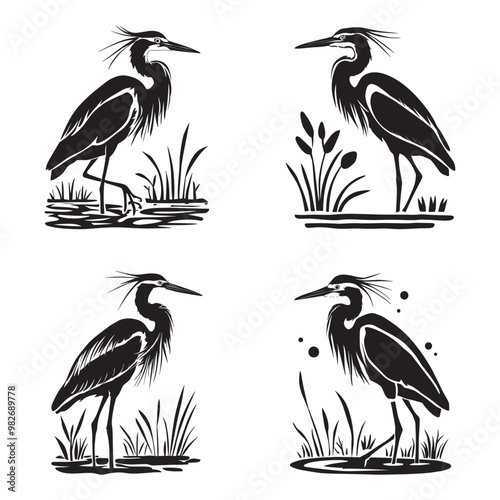 Indian Pond Heron silhouette set black color vector illustration