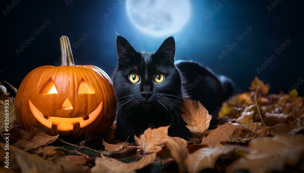 black cat with glowing eyes, peeking out from between fallen dry leaves next to a carved pumpkin, the moonlight softly illuminates the scene. black cat with glowing eyes, peeking out from between fallen dry leaves next to a carved pumpkin, the moonlight softly illuminates the scene.