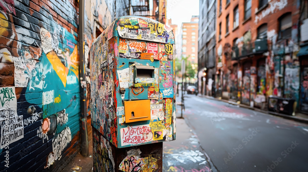 Fototapeta premium A street scene showcasing a mailbox covered with vibrant graffiti and stickers, set against a backdrop of graffiti-covered brick buildings in an urban alley.