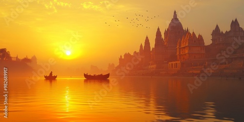 Golden sunrise over a river with boats and temples.