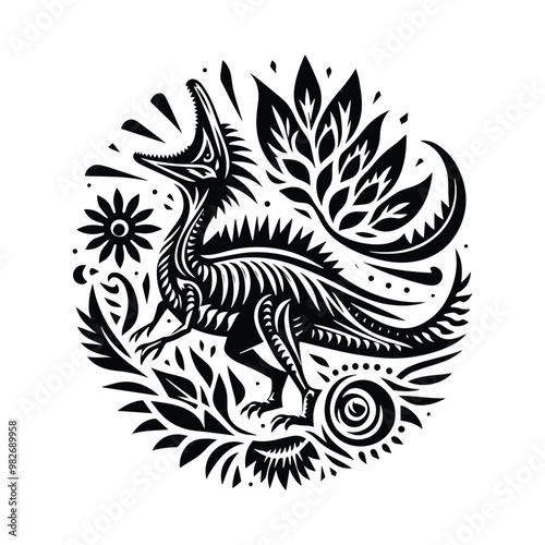 Spinosaurus with folk art decoration in black and white illustrations, cutout graphic